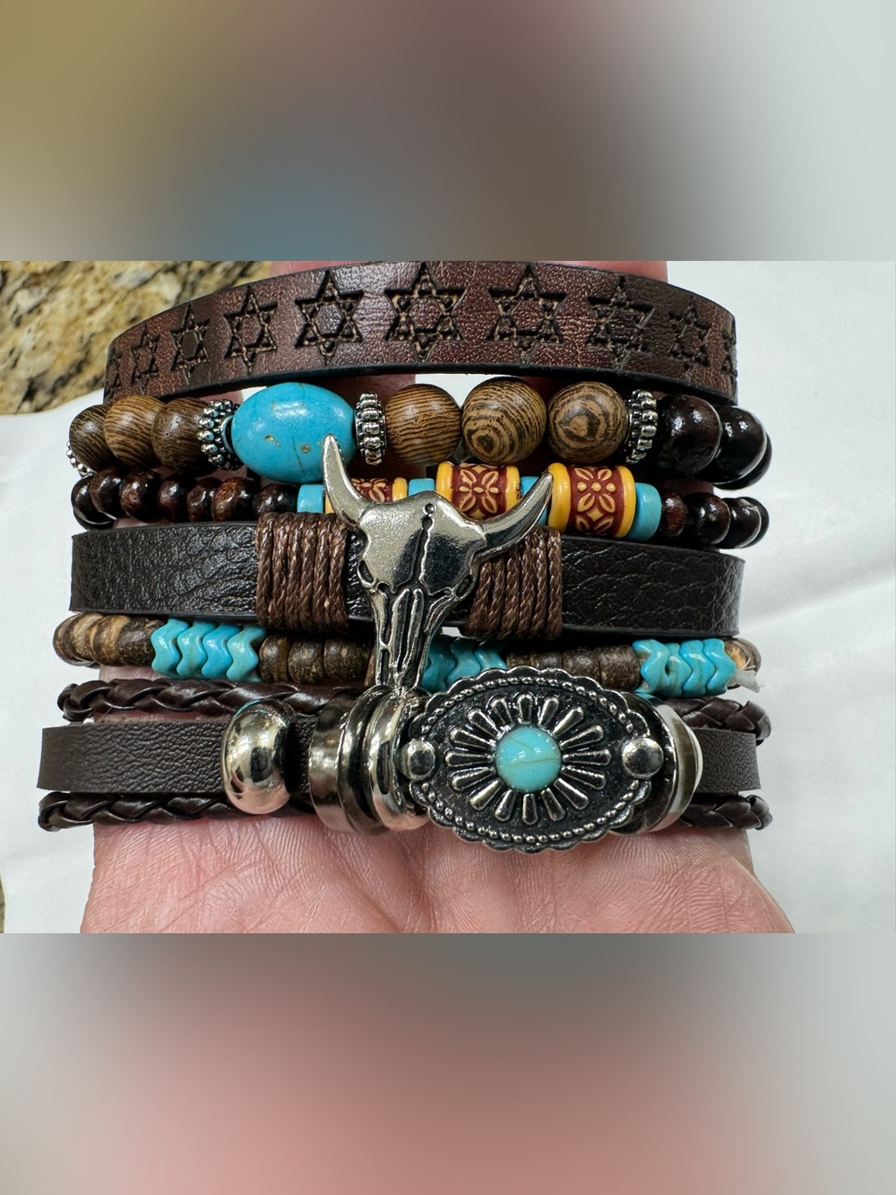 Boho Western Turquoise & Brown Multi-Strand Bracelet Stack